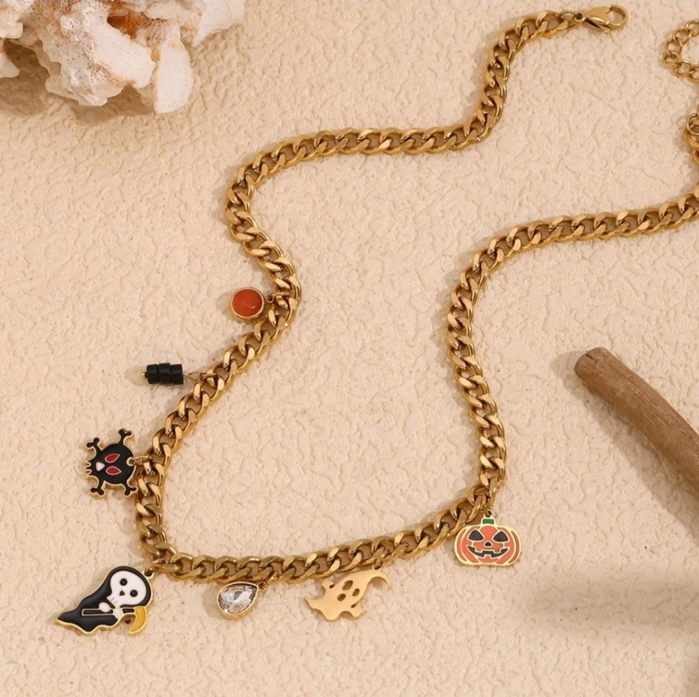 Spooky Chic 18K Gold Plated Halloween Charm Necklace With Ghost, Pumpkin & Skull - Picture 5 of 10